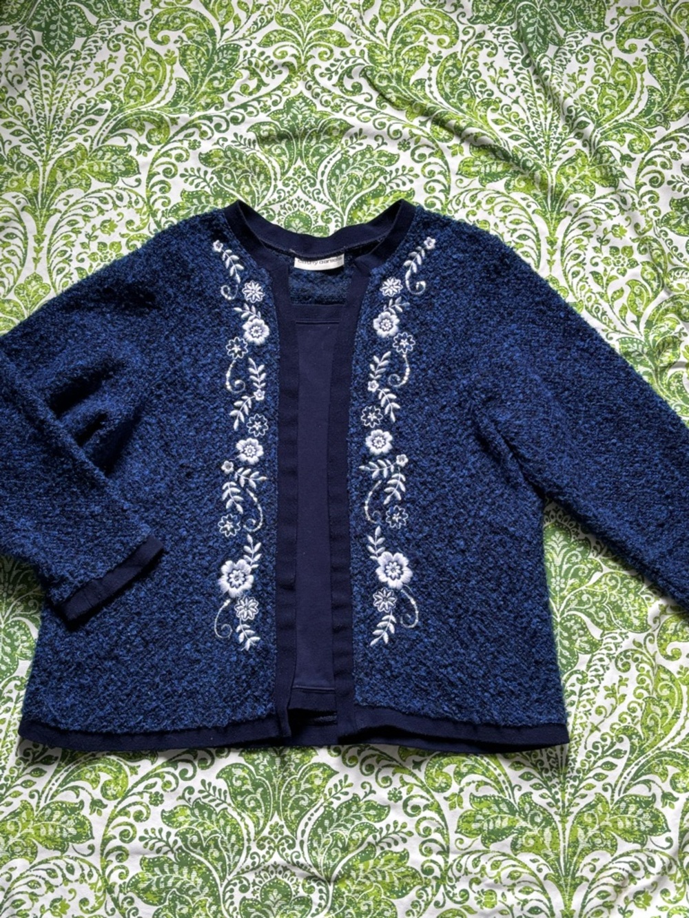 Embroidered Navy Bouclé Cardigan Sweater